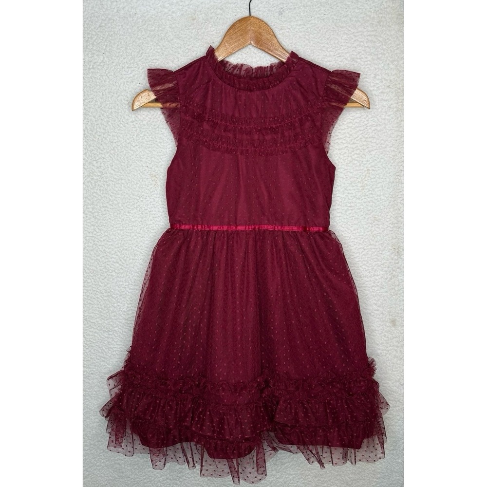 Janie and Jack Deep Burgundy Dot Tull Mesh‎ Dress Ruffle Hem Girls Sz 12 NWT